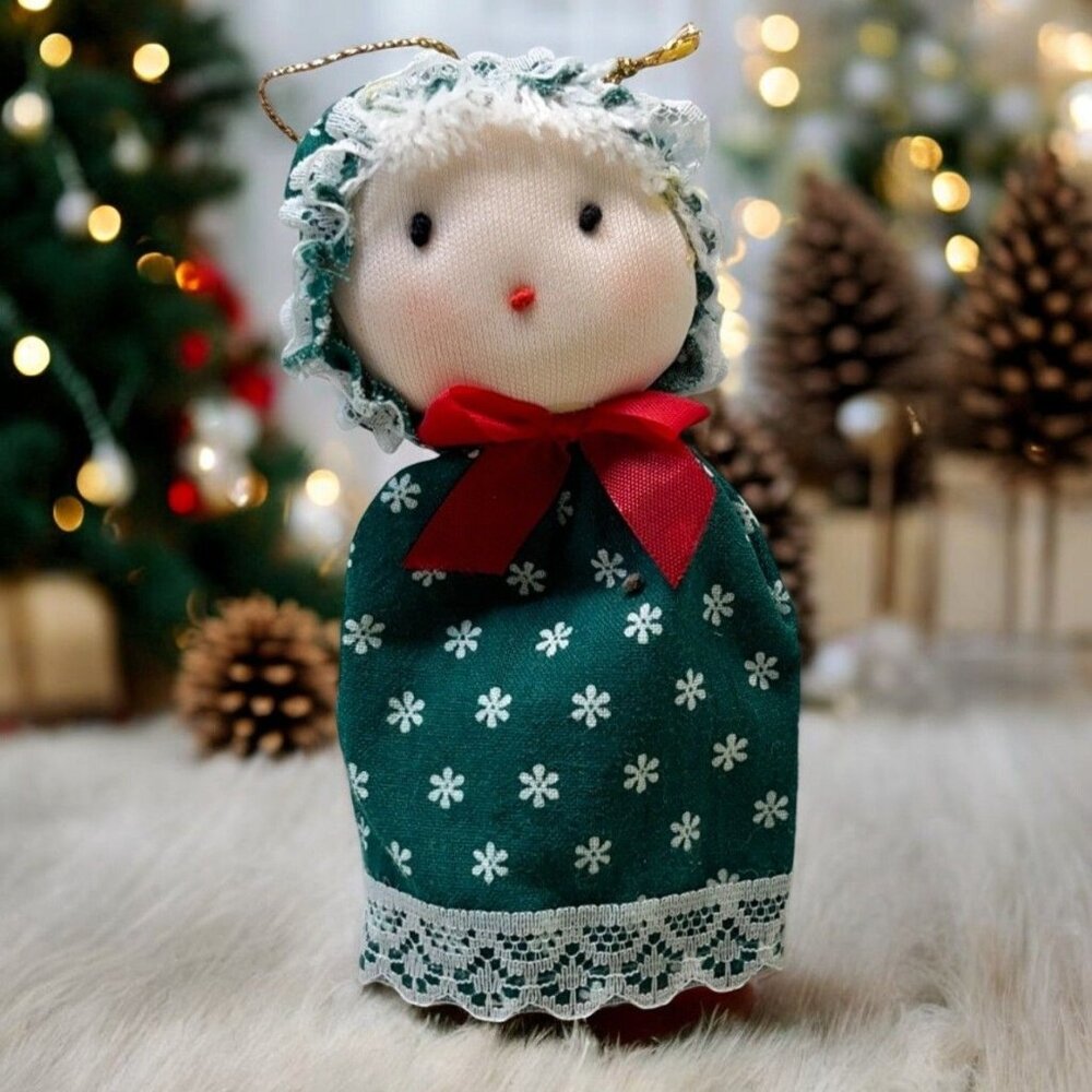 Vintage Christmas Ornament Folk Doll Green Dress with White Snowflakes Lace Trim